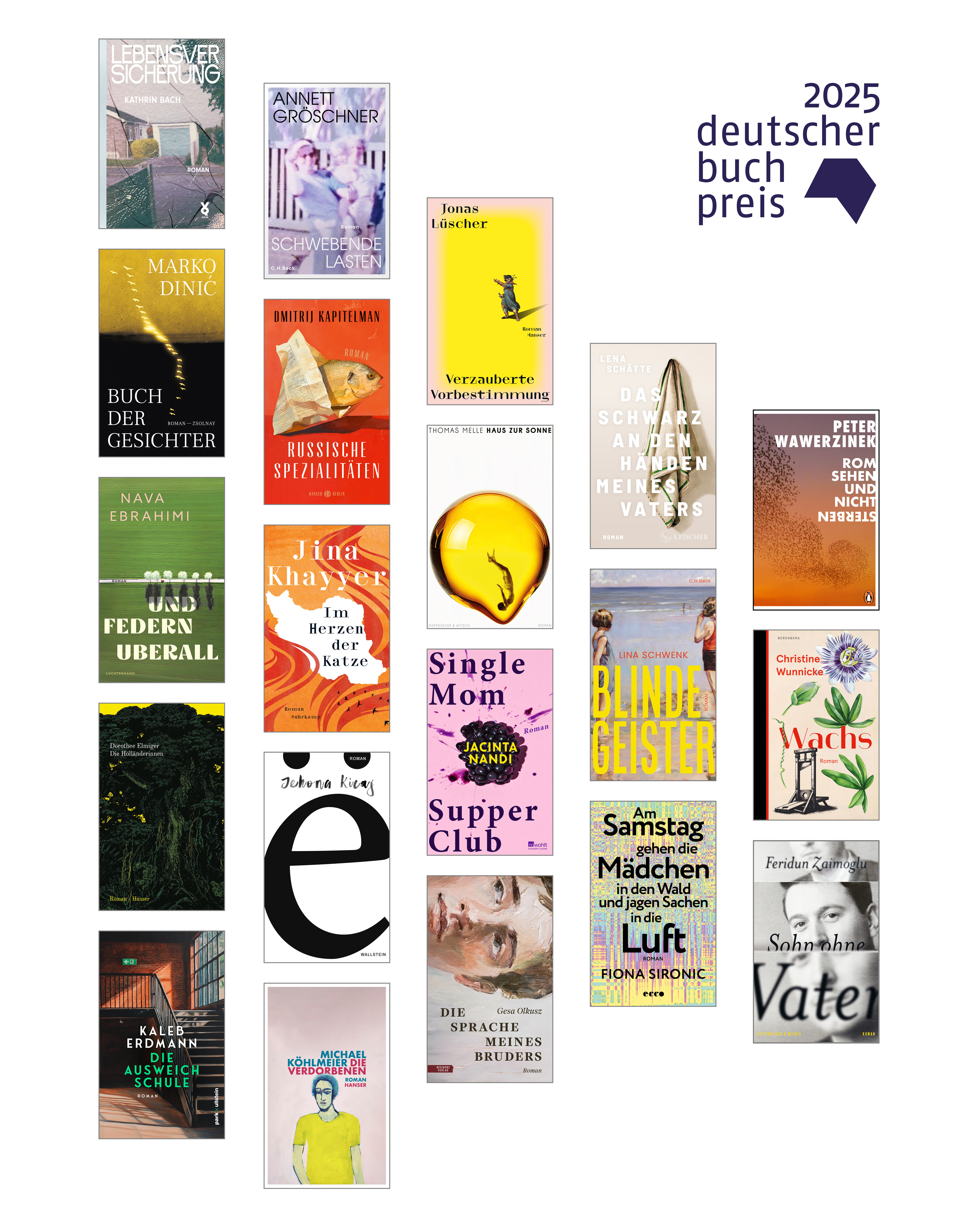 Die zwanzig Cover der nominierten Titel des Deutschen Buchprei 2025.