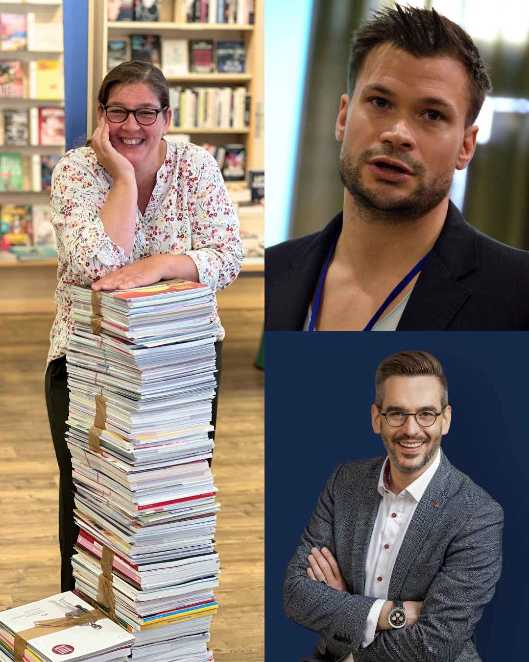 Collage einer lachenden Frau, die sich auf einen Stapel Vorschauen stützt und zwei Porträts lachender Männer.