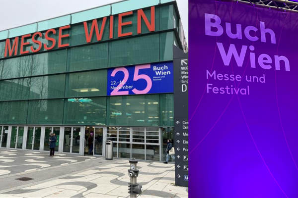 Collage vom Wiener Messegebäude und einem banner wo Buch Wien draufsteht.