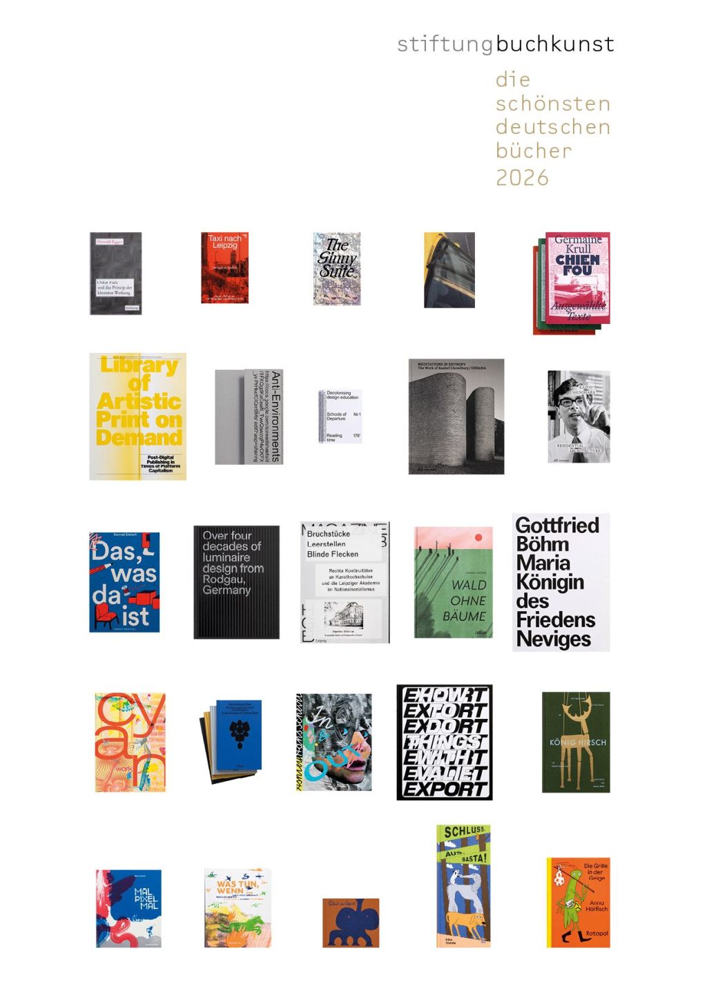 Die Cover der 25 schönsten Bücher 2026 in 5er-Reihen.