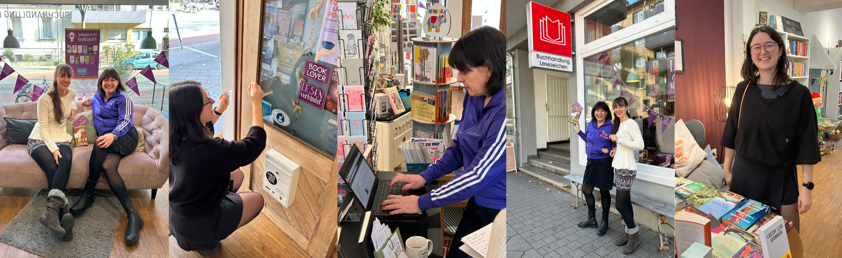 Collage von MVB Digital Mitarbeiterinnen wie sie in einer Buchhandlung aushelfen.